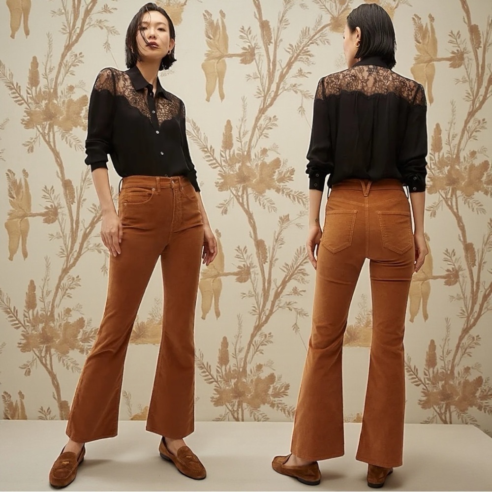 Veronica Beard Black Lace Yoke Blouse with Rust Brown Boot Cut Corduroy Pants